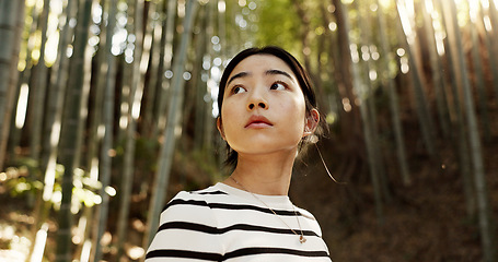 Image showing Thinking, bamboo and Japanese woman in forest for adventure on holiday, vacation and morning. Travel, nature and person with natural plants in woods for explore, walking and freedom in Kyoto outdoors