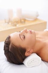 Image showing Woman, spa and relax for wellness and face, self care with aromatherapy or alternative medicine for peace and calm. Massage, luxury and zen with holistic healing and bodycare for stress relief