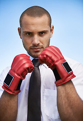 Image showing Business man, portrait and boxing gloves for power or warrior, self defence and fitness in studio. Male person, strong and equipment for fight or corporate challenge, exercise and sky background