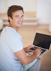 Image showing Man, portrait and laptop or home for remote work as copywriter for problem solving, brain storming or research. Male person, face and happy web browsing for online blog connection, email or internet