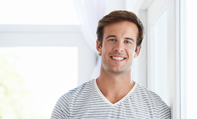 Image showing Man, portrait and smile confidence in home or relax weekend, morning or holiday. Male person, face and casual in apartment living room in summer in good mood or calm positivity, rest or stress relief