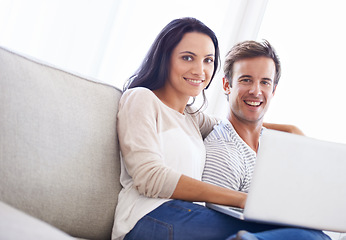 Image showing Couple, laptop and portrait on sofa with care, living room and wellness in marriage for bonding together. Face , woman and man for happy in committed relationship, relax weekend and love in apartment