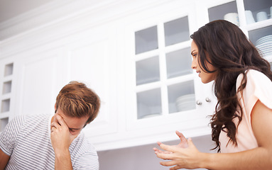 Image showing Couple, home and fight, angry and conflict with crisis in life, mistake or marriage fail with anxiety and stress. Frustrated people arguing in kitchen, cheating or problem with risk of divorce