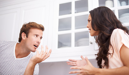 Image showing Couple, stress and fight, angry and conflict with crisis in life, mistake or marriage fail with anxiety at home. Frustrated people arguing in kitchen, cheating or problem with risk of divorce