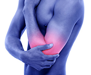 Image showing Elbow, closeup and man with pain, injury and model isolated on white studio background. Person, highlight or guy with muscle tension, strain or broken with joint, bruise or inflammation with accident