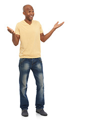 Image showing Casual, shrug and thinking with black man, smile and model isolated on white studio background. African person, mockup space and guy with expression, decision and choice with doubt, why and questions