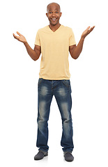 Image showing Portrait, shrug or thinking with black man, questions or guy isolated on white studio background. African person, mockup space or model with expression, decision or choice with doubt, why or reaction