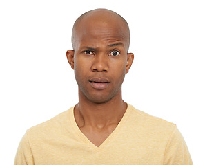 Image showing Portrait, confused and black man with doubt, why and model isolated on white studio background. Face, African person and guy with expression, reaction and omg with emoji, wow and review with feedback