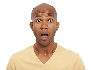 Image showing Portrait, surprise and black man with why, emoji and feedback isolated on white studio background. Face, African person and model with news, shocked and facial expression with omg, gossip or reaction