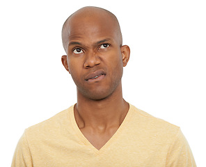 Image showing Portrait, confused and black man with decision, thinking and confident guy isolated on white studio background. African person, choice or model with ideas, opportunity and doubt with questions or why