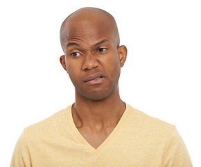 Image showing Portrait, why and black man with questions, thinking and confident guy isolated on white studio background. African person, choice and model with ideas, confused and decision with doubt and solutions