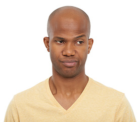 Image showing Thinking, confused and black man with questions, decision and confident guy isolated on white studio background. African person, choice or model with ideas, opportunity and why with doubt or solution