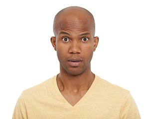 Image showing Portrait, confused and black man with expression, why or model isolated on white studio background. Face, African person or guy with questions, reaction or omg with emoji, wow or review with feedback