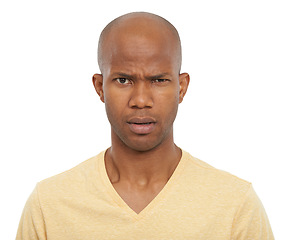 Image showing Portrait, reaction and confused with black man, doubt and expression isolated on white studio background. Face, African person and model with emoji, reaction and facial with mockup space and thinking