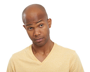 Image showing Emoji, reaction and black man with thinking, confused or confident guy isolated on white studio background. African person, choice or model with feedback, opportunity or decision with solution or why