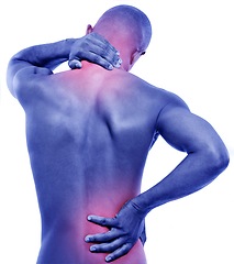 Image showing Man, backache and neck pain with red glow, spine injury and illness with fibromyalgia pr pressure on white background. Overlay, body and sick in studio with muscle tension, inflammation and strain