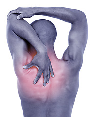 Image showing Man, back pain with red glow and injury or accident, illness with fibromyalgia or pressure on spine on white background. Overlay, body and sick in studio with muscle tension, inflammation and strain