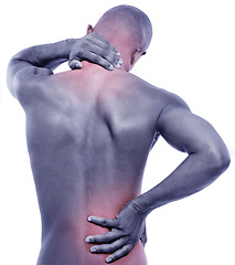 Image showing Man, backache and neck pain with glow, spine injury and illness with fibromyalgia pr pressure on white background. Red overlay, body and sick in studio with muscle tension, inflammation and strain