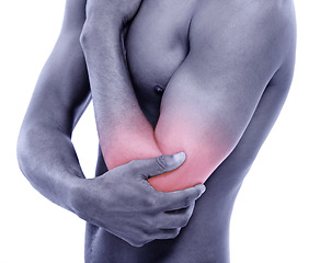 Image showing Person, elbow pain with red glow and injury or accident, illness with fibromyalgia or pressure on white background. Overlay, body and muscle tension in studio, inflammation and strain on joint