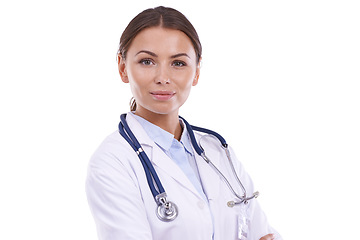 Image showing Woman, portrait and doctor in studio for healthcare services, medical consulting and trust on white background. Surgeon, expert therapist and professional hospital employee working on mockup space