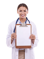 Image showing Doctor, portrait and woman with clipboard offer, paper or form mockup in studio on white background. Healthcare, space and face of surgeon with medical documents for hospital, compliance or insurance