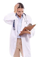 Image showing Stress, worry and woman doctor with clipboard mistake in studio for compliance, fail or disaster on white background. Oops, anxiety and female health expert with document, crisis or insurance problem