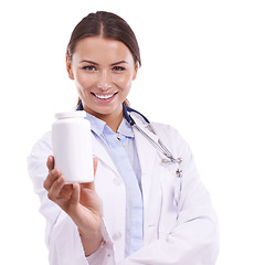 Image showing Happy woman, portrait and doctor with medication, pills or medicine bottle on a white studio background. Face of female person, pharmacist or medical nurse smile with drugs or treatment on mockup