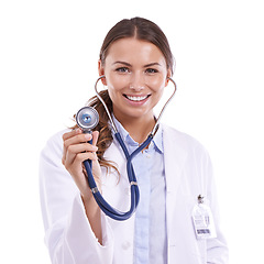 Image showing Woman doctor, portrait and stethoscope in studio for lungs, chest or heart examination on white background. Heartbeat, face and female surgeon with medical tool for listening, diagnosis or checkup