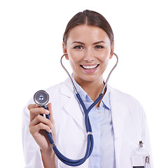 Image showing Doctor, portrait and happy woman listening with stethoscope in studio for heartbeat, healthcare or cardiology on white background. Medical worker, evaluation and check heart, lungs and breathing test