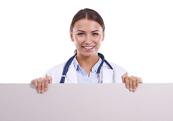 Image showing Healthcare, banner or portrait of woman doctor with studio mockup for hospital, news or info on white background. Poster, space or medic face with billboard presentation for donation or registration