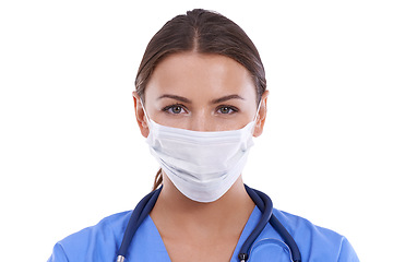 Image showing Woman, portrait and doctor with face mask for protection, health and safety in surgery on a white studio background. Female person, surgeon or medical nurse with protective gear for bacteria or germs