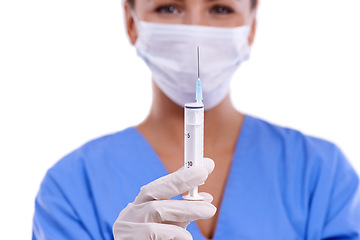 Image showing Woman, portrait and doctor with syringe for protection, health and safety on a white studio background. Female person, surgeon or medical nurse with needle and face mask for vaccination or anesthetic