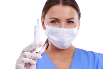Image showing Woman, portrait and doctor with face mask or needle for protection, health and safety on a white studio background. Female person, surgeon or medical nurse with syringe for vaccination or anesthetic