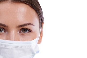 Image showing Healthcare, portrait and woman doctor with face mask in studio for safety from illness or bacteria on white background. Medical, mockup or eyes of nurse at hospital with cover for clinic compliance