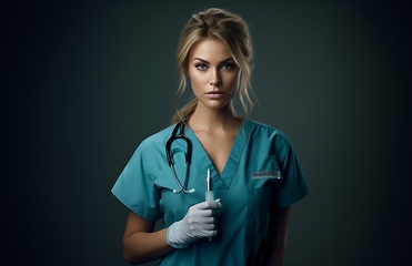 Image showing A modern and elegant doctor, exuding confidence and expertise, holds an injection in her hands against a dark backdrop, capturing the essence of contemporary healthcare professionalism