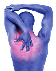 Image showing Back pain, closeup and man with injury, inflammation and strain isolated on white studio background. Person, highlight and guy with muscle tension, model and broken with joint, bruise and accident