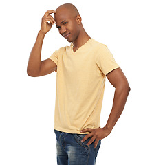 Image showing Thinking, smile and black man with fashion, decision and confident guy isolated on white studio background. African person, choice and model with ideas, opportunity and confused with doubt and wonder