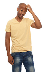 Image showing Portrait, doubt and black man with thinking, ideas and confident guy isolated on white studio background. African person, choice or model with opportunity, confused and decision with questions or why