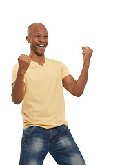 Image showing Cheering, excited and black man with celebration, smile and achievement isolated on a white studio background. African person, mockup space and winner with victory, emoji and wow with omg and success