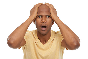 Image showing Portrait, surprise and black man with wow, emoji and feedback isolated on a white studio background. Face, African person and model with news, shocked and facial expression with omg, why and reaction