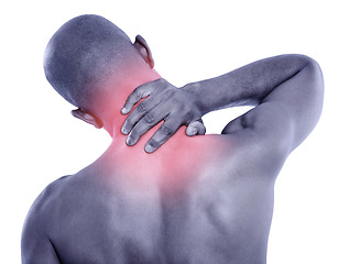 Image showing Man, back and neck pain with red glow, spine injury and illness with fibromyalgia pr pressure on white background. Overlay, body and sick in studio with muscle tension, inflammation and strain