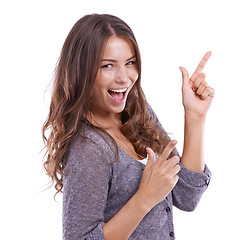 Image showing Finger gun, portrait and happy woman point to discount promotion, sales notification or commercial information. Studio, direction and excited person gesture at news announcement on white background