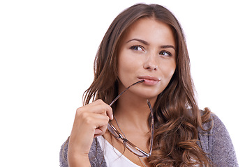 Image showing Woman, glasses and thinking of ideas in studio for planning insight, future decision and wonder why on white background. Curious model dream of solution, remember memory and questions at mockup space