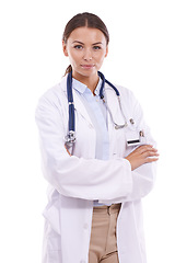 Image showing Happy woman, portrait and professional doctor standing with arms crossed on a white studio background. Female person, surgeon or medical employee with stethoscope in confidence for healthcare career