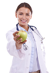 Image showing Doctor, portrait or happy woman with apple offer in studio for health, diet or gut health on white background. Healthy eating, smile and face of lady nutritionist with fruit for nutrition or wellness