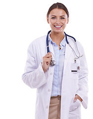 Image showing Happy woman, portrait and doctor with stethoscope for healthcare on a white studio background. Female person, surgeon or medical professional cardiologist smile for heart or health advice on mockup