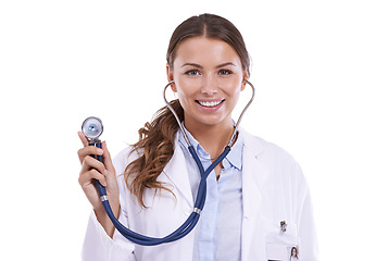 Image showing Doctor, portrait and woman with stethoscope for heartbeat, healthcare and cardiology in studio on white background. Happy medical worker with tools to check lungs, cardiovascular test and evaluation