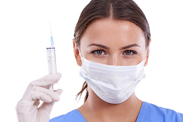 Image showing Woman, portrait and doctor with face mask or syringe for protection, health and safety on a white studio background. Female person, surgeon or medical nurse with needle for cure, virus or anesthetic