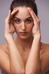 Image showing Portrait of woman, hands or skincare with beauty or cosmetics for healthy glow or results. Isolated, female person or confident model with natural shine or wellness in studio on purple background