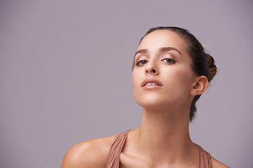 Image showing Portrait of woman, space or skincare dermatology, facial beauty or cosmetics for healthy glow. Isolated, mockup or confident model with natural results or wellness in studio on purple background